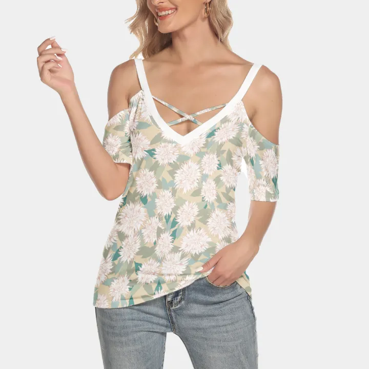 All-Over Print Women's Cold Shoulder T-shirt With Criss Cross Strips