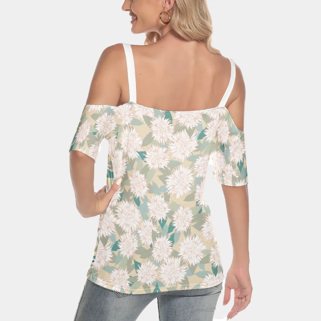 All-Over Print Women's Cold Shoulder T-shirt With Criss Cross Strips