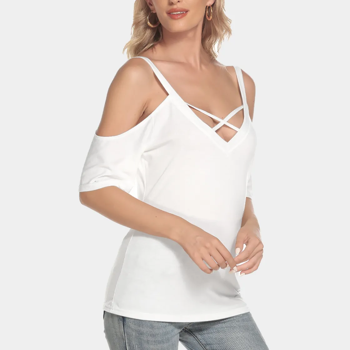 All-Over Print Women's Cold Shoulder T-shirt With Criss Cross Strips