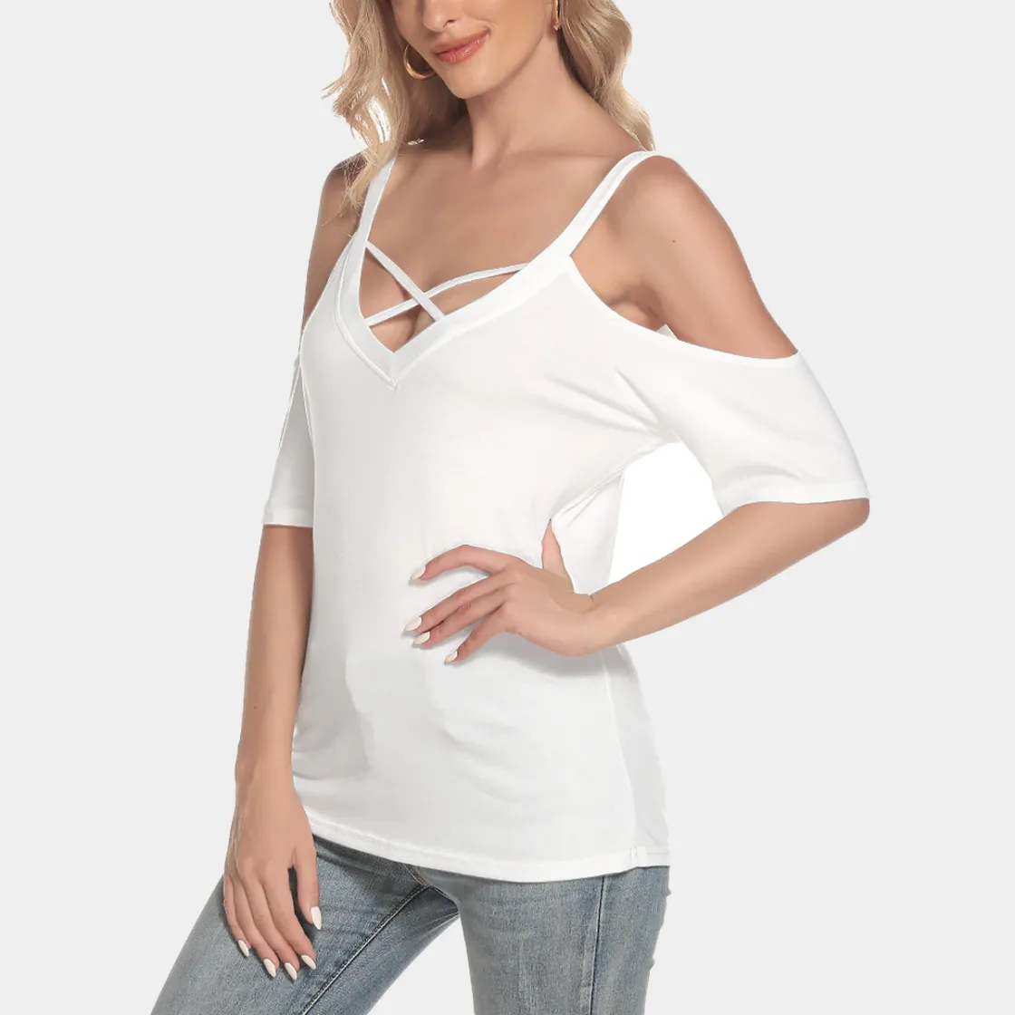 All-Over Print Women's Cold Shoulder T-shirt With Criss Cross Strips