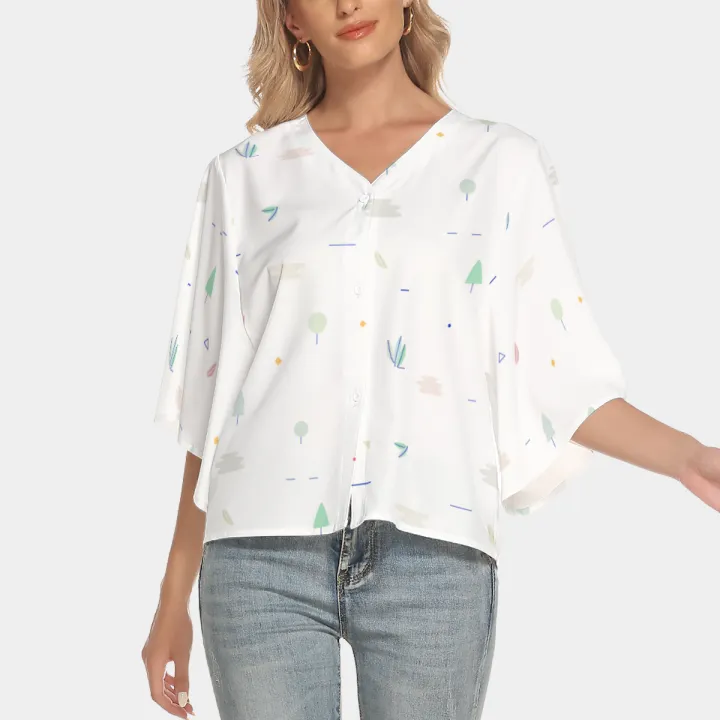 All-Over Print Women's Bat Sleeve Light V-neck Front Buttoned Top
