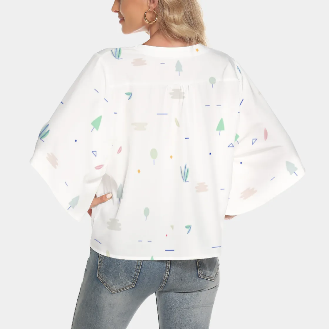 All-Over Print Women's Bat Sleeve Light V-neck Front Buttoned Top