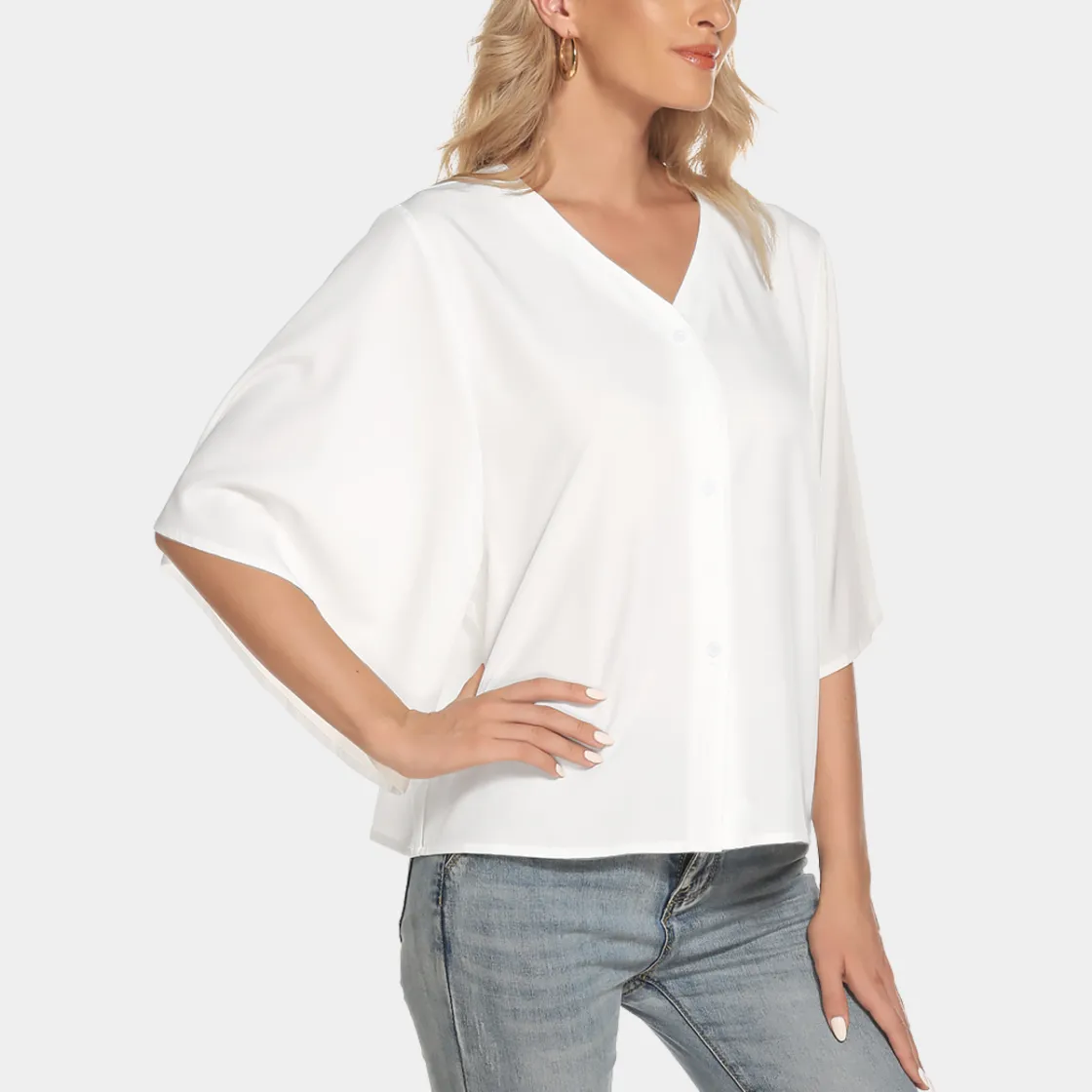 All-Over Print Women's Bat Sleeve Light V-neck Front Buttoned Top