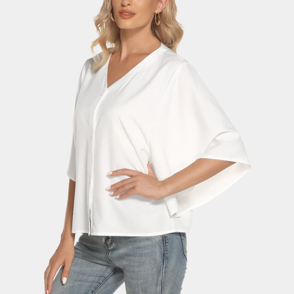 All-Over Print Women's Bat Sleeve Light V-neck Front Buttoned Top