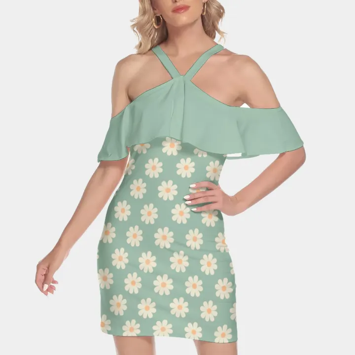 All-Over Print Women's Cold Shoulder Cami Dress With Ruffle