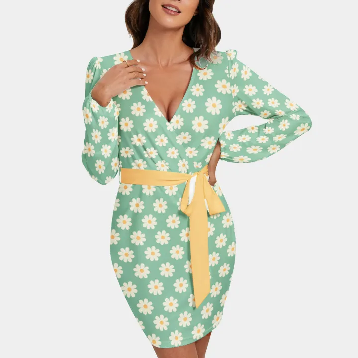 All-Over Print Women's Long Sleeve Dress With Waist Belt