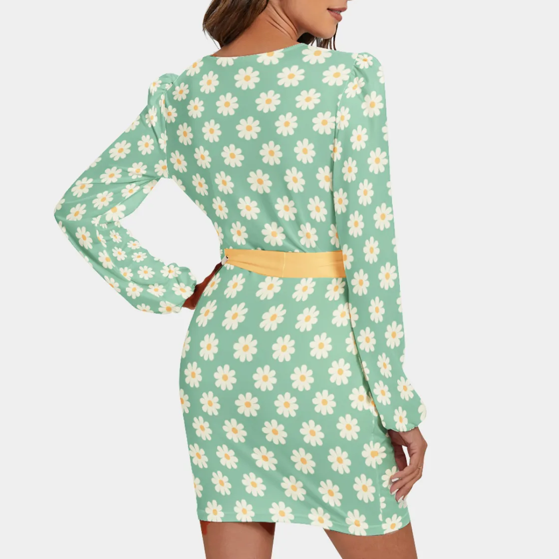 All-Over Print Women's Long Sleeve Dress With Waist Belt