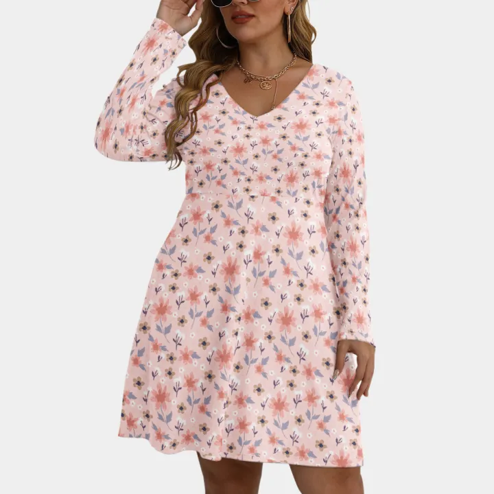 All-Over Print Women's V-neck Long Sleeve Dress(Plus Size)