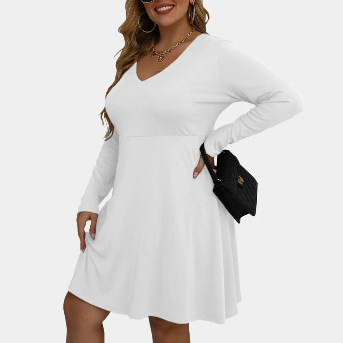 All-Over Print Women's V-neck Long Sleeve Dress(Plus Size)