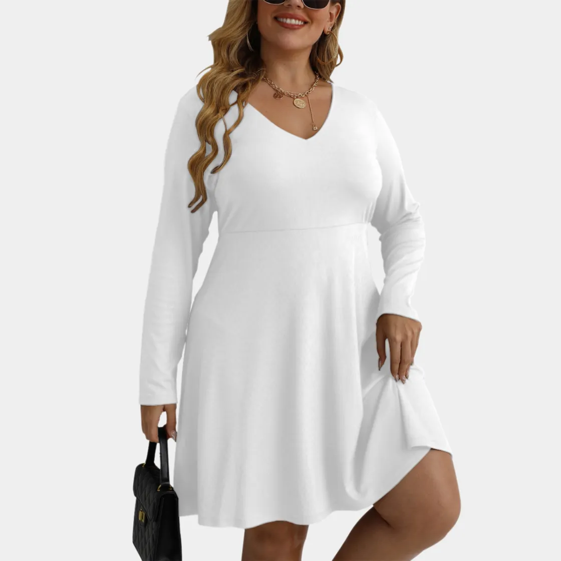All-Over Print Women's V-neck Long Sleeve Dress(Plus Size)
