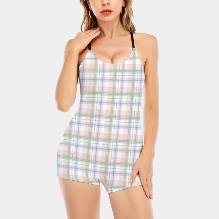 All-Over Print Women's Backless Romper With Black Straps