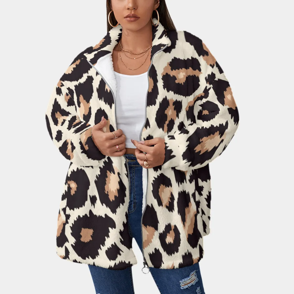 All-Over Print Unisex Borg Fleece Stand-up Collar Coat With Zipper Closure(Plus Size)