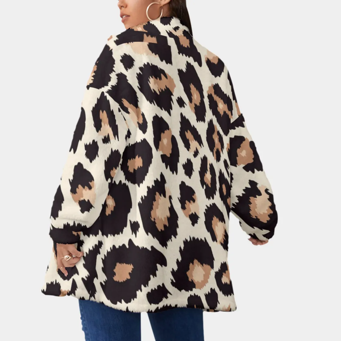 All-Over Print Unisex Borg Fleece Stand-up Collar Coat With Zipper Closure(Plus Size)