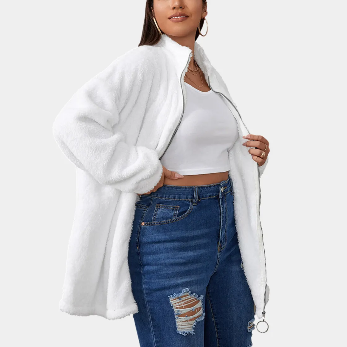All-Over Print Unisex Borg Fleece Stand-up Collar Coat With Zipper Closure(Plus Size)