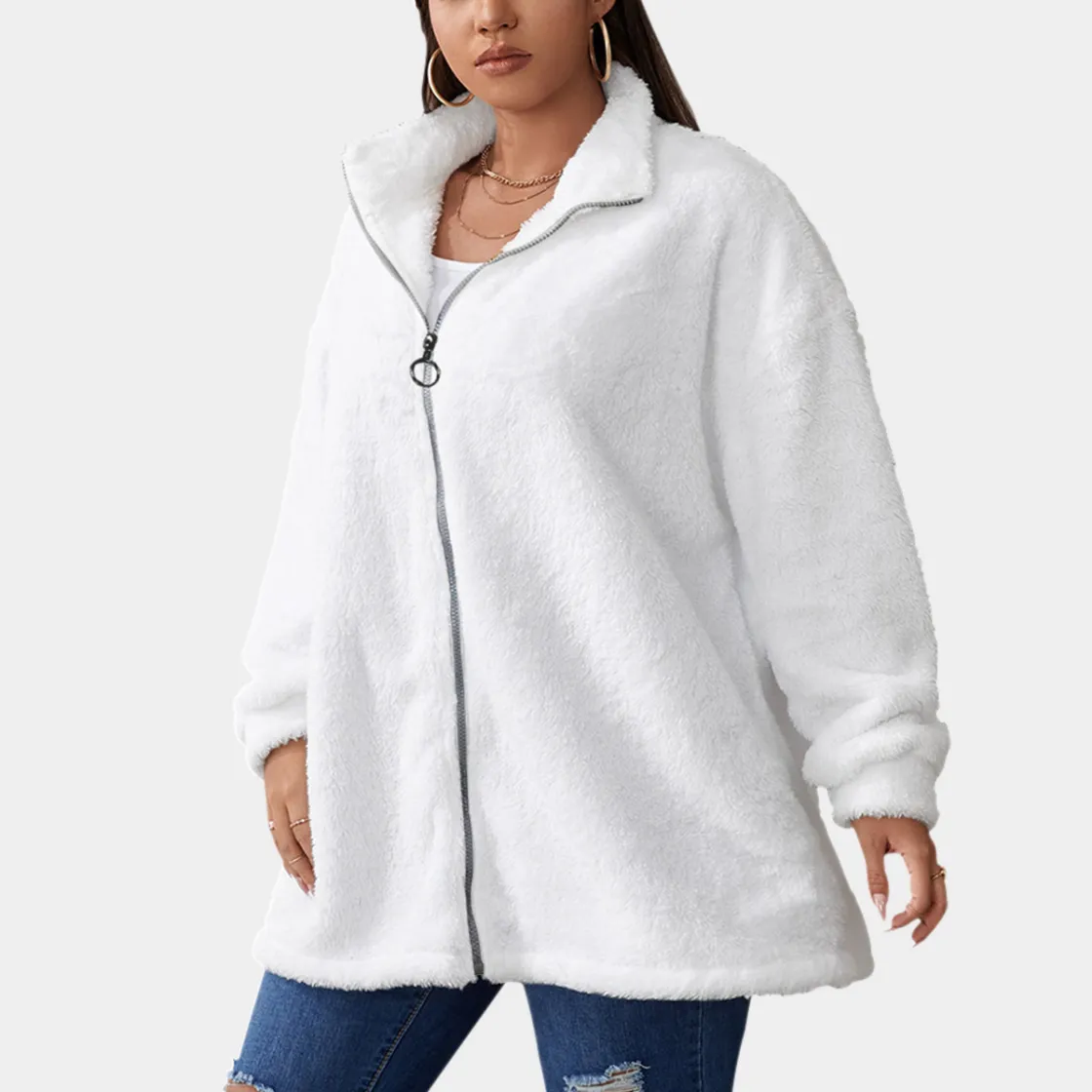 All-Over Print Unisex Borg Fleece Stand-up Collar Coat With Zipper Closure(Plus Size)