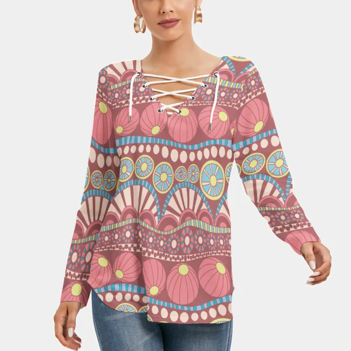 All-Over Print Women's Long Sleeve Neckline Tie Sweatshirt