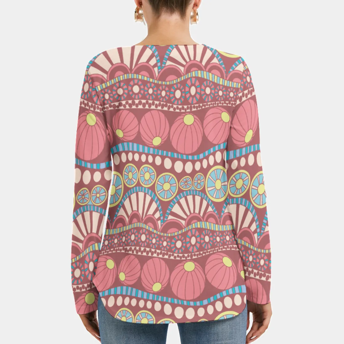 All-Over Print Women's Long Sleeve Neckline Tie Sweatshirt