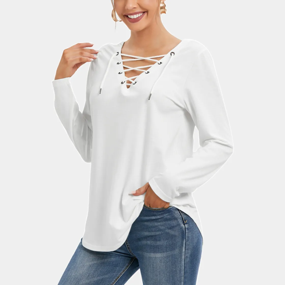 All-Over Print Women's Long Sleeve Neckline Tie Sweatshirt
