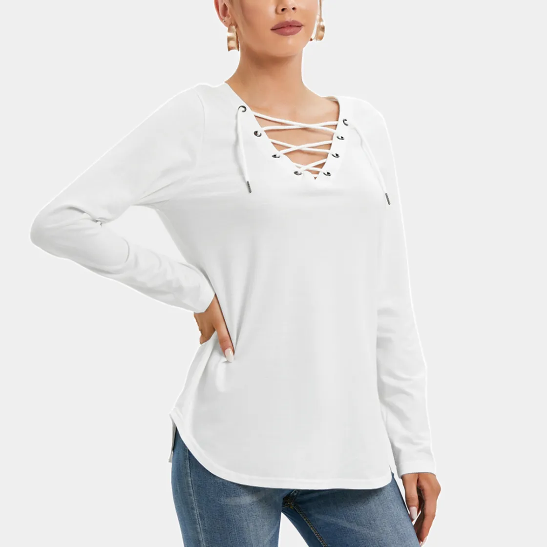 All-Over Print Women's Long Sleeve Neckline Tie Sweatshirt