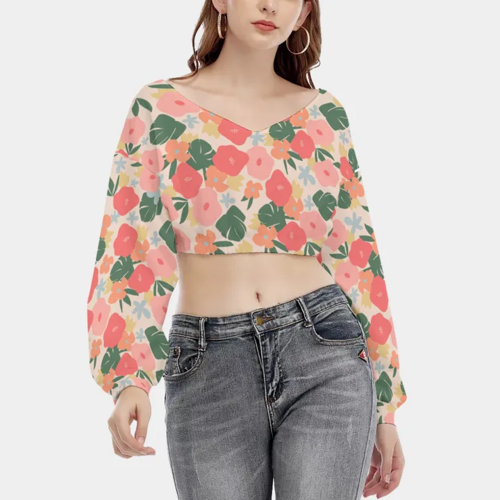 All-Over Print Women's V-neck Long Sleeve Cropped Sweatshirt