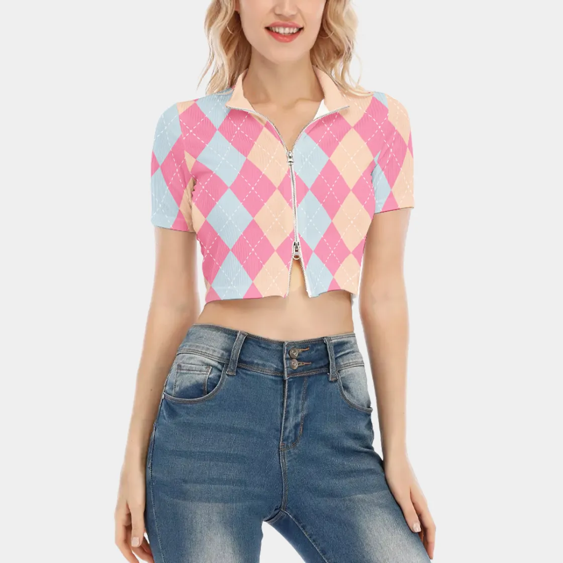 All-Over Print Women's Short Sleeve T-shirt With Two-way Zipper