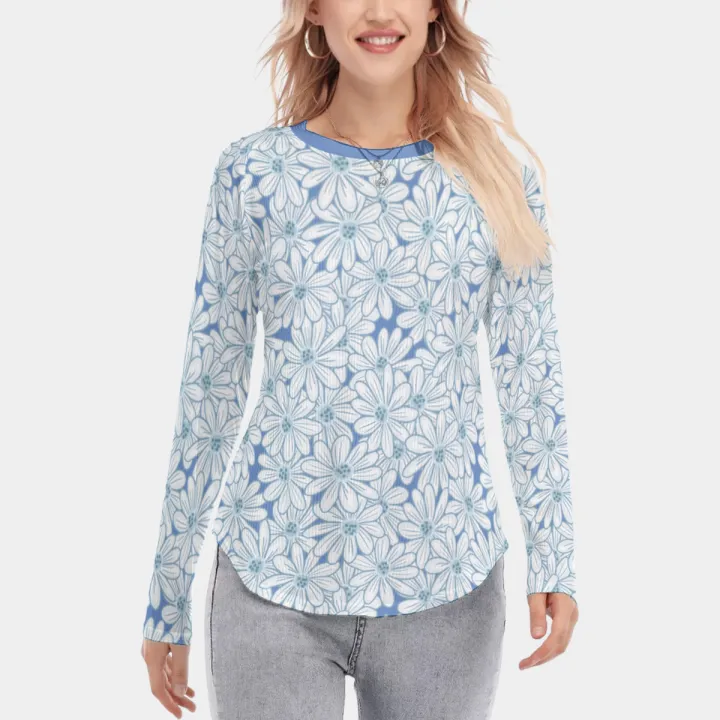 All-Over Print Women's Raglan Sleeves U-Shaped Hem Long Sleeves Blouse