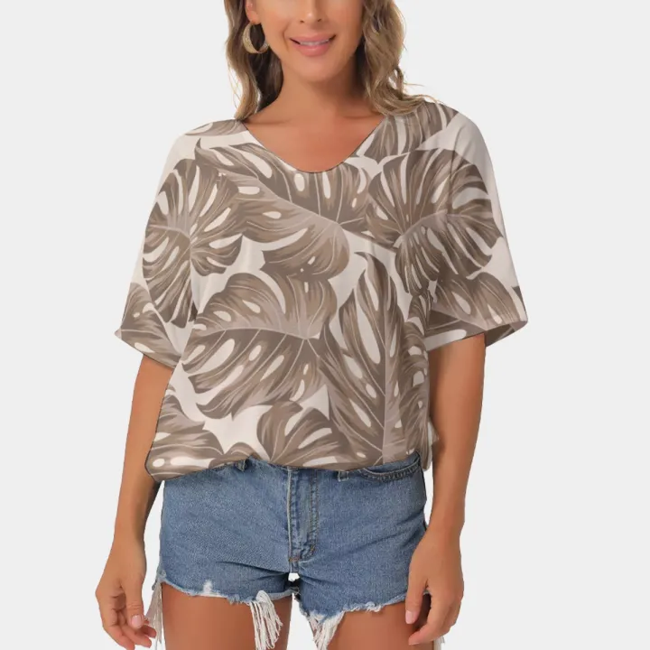 All-Over Print Women's Bat Sleeves V-Neck Blouse