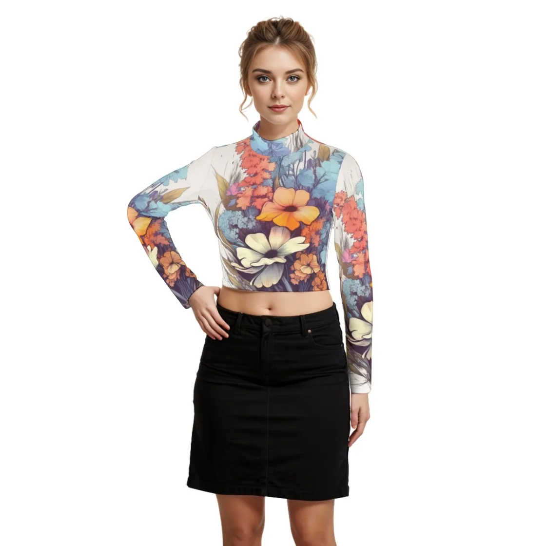Eco-Friendly All-Over Print Women's Turtleneck T-shirt With Long Sleeve