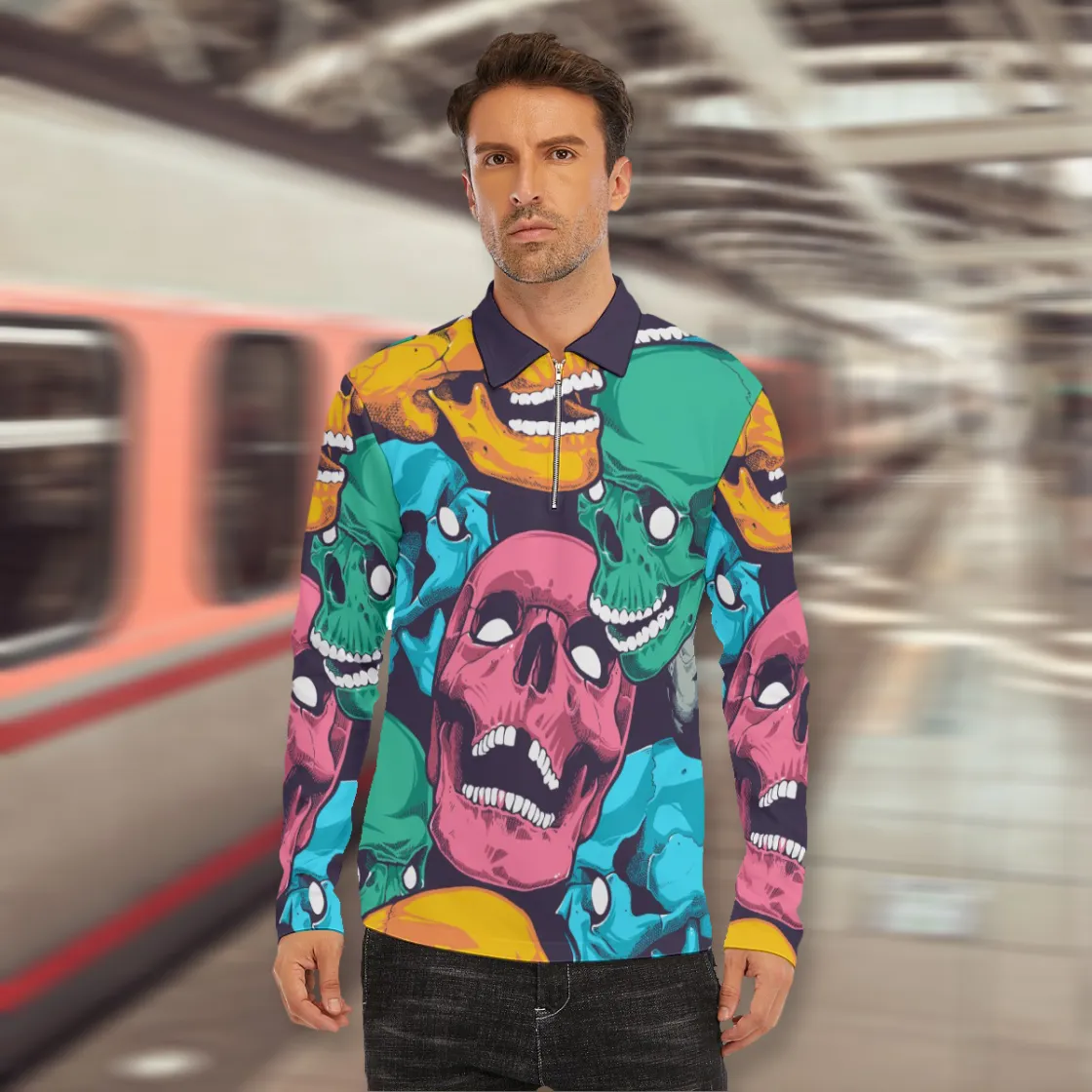 All-Over Print Men's Lapel T-shirt With Neckline Zipper Closure
