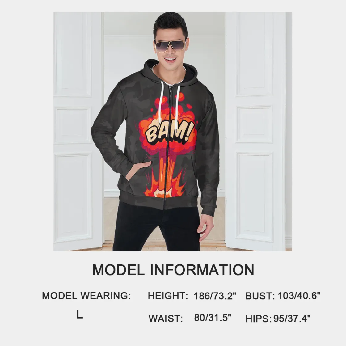 All-Over Print Zip Up Hoodie With Pocket