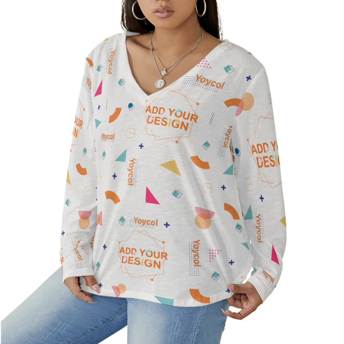 All-Over Print Women's V-neck T-shirt With Curved Hem(Plus Size)