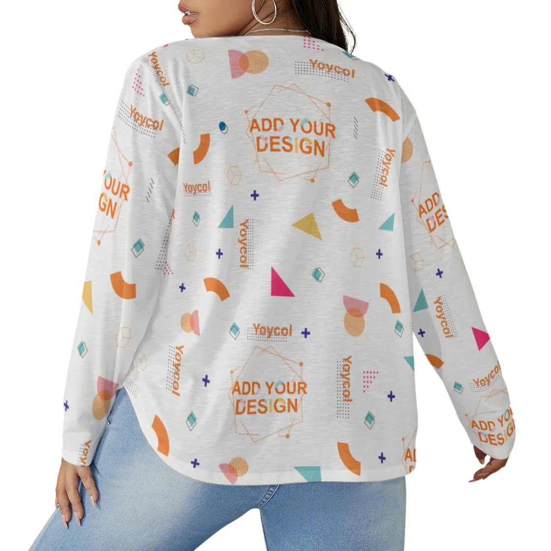 All-Over Print Women's V-neck T-shirt With Curved Hem(Plus Size)