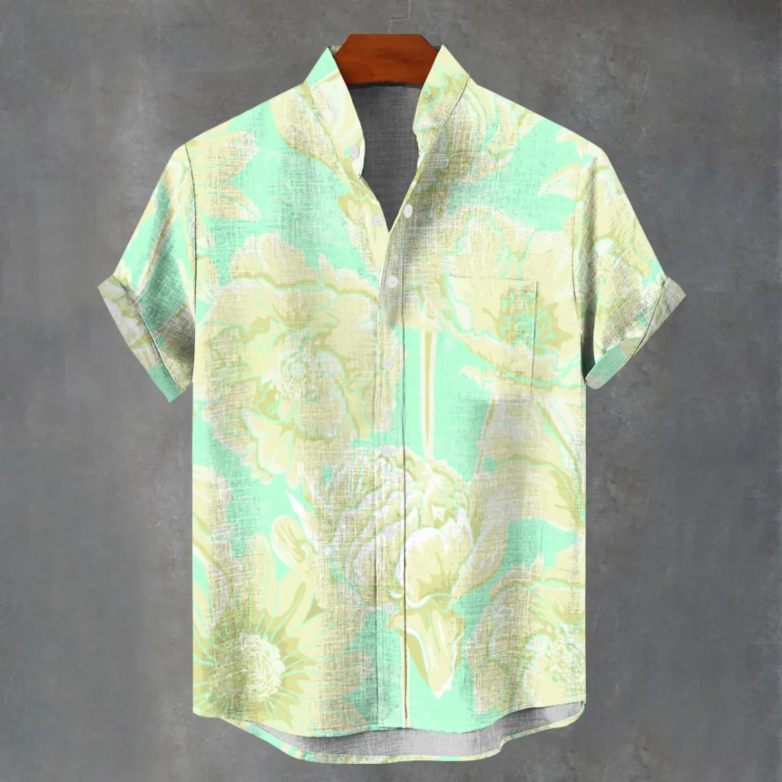 All-Over Print Men's Stand Collar Shirt|110GSM Imitation Flax