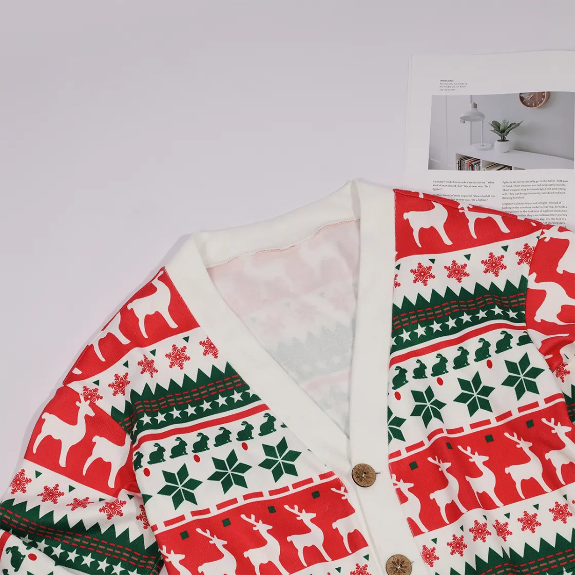All-Over Print Unisex V-neck Knitted Fleece Cardigan With Button Closure