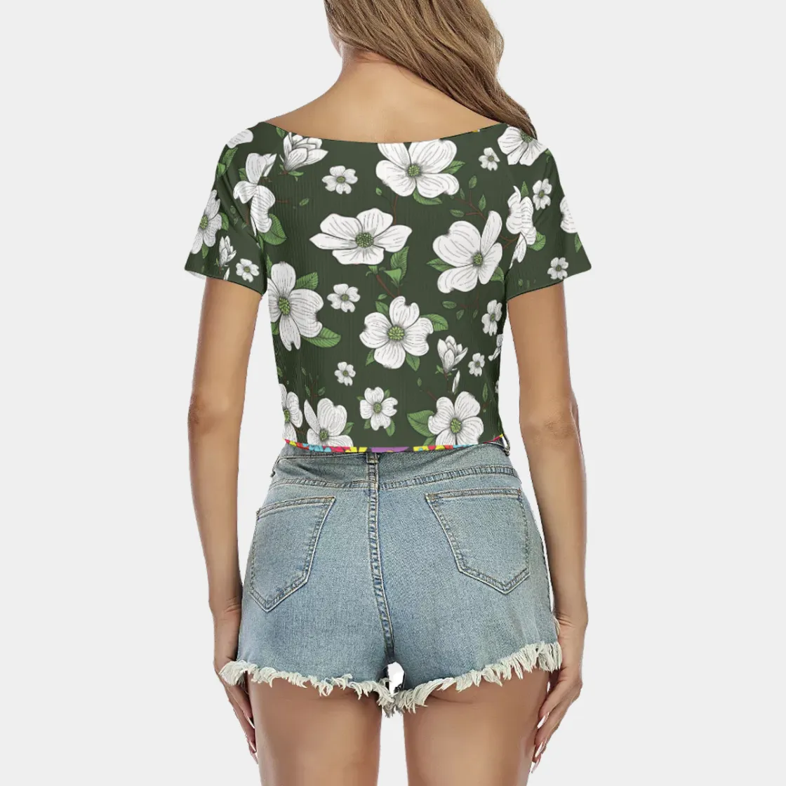 All-Over Print Women's Raglan Drawstring Front  Crop Tee