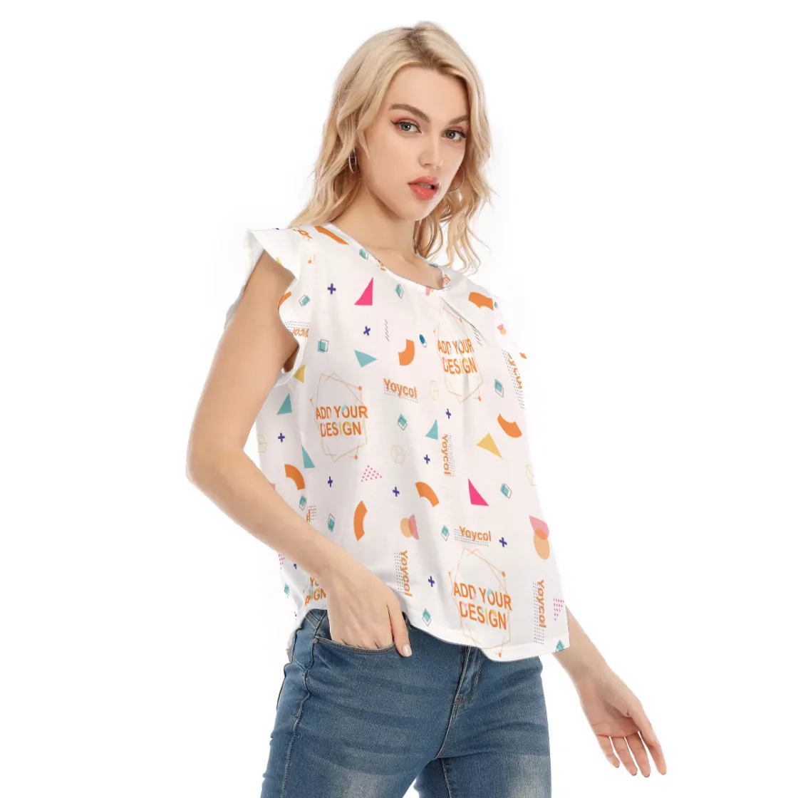 All-Over Print Women's O-neck T-shirt With Ruffle Sleeves