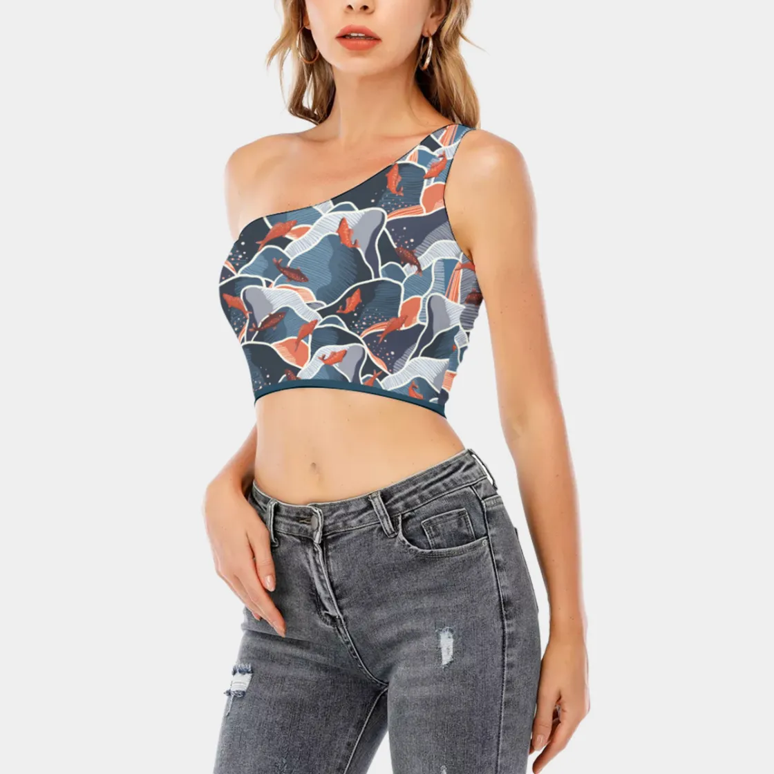 All-Over Print Women's One-Shoulder Cropped Top