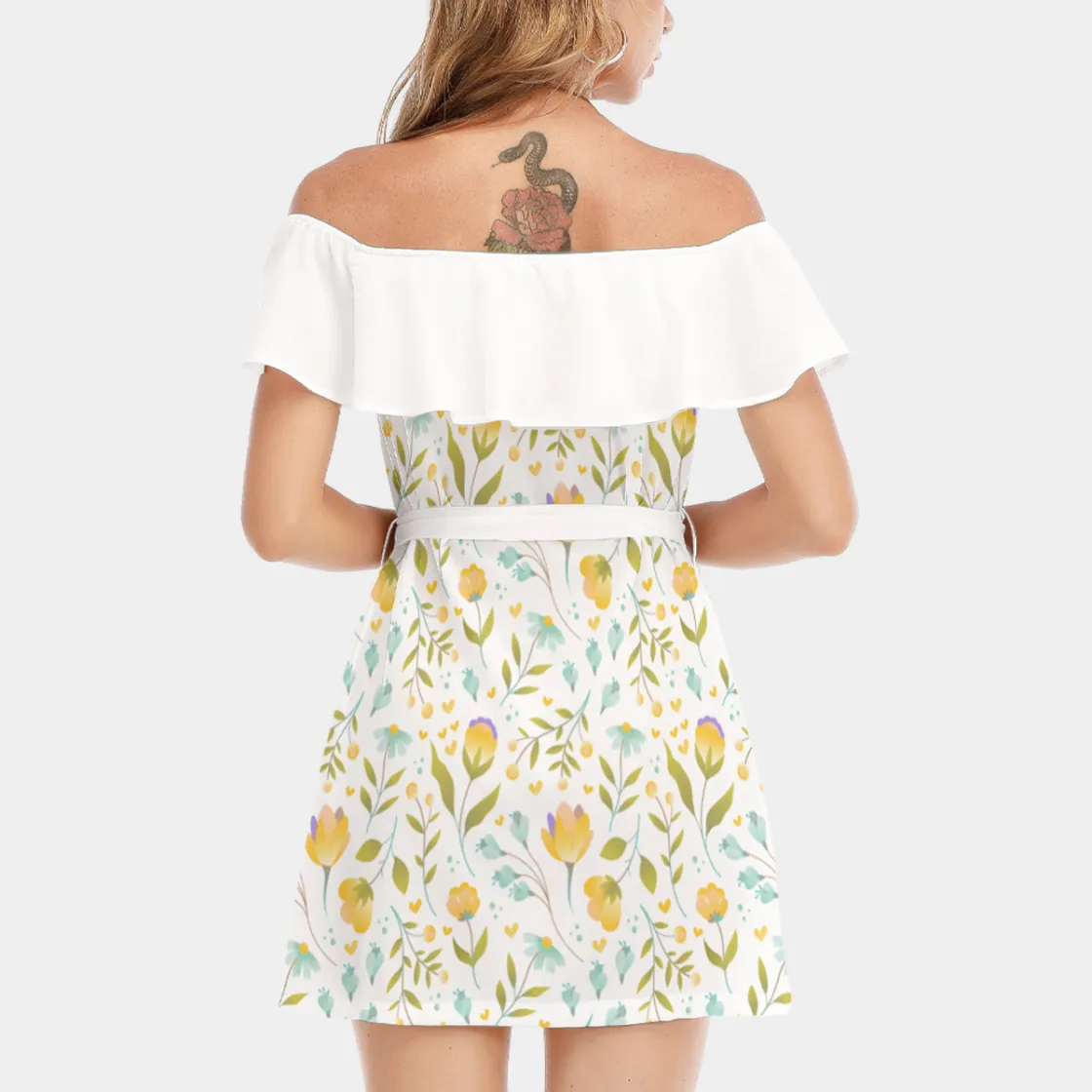 All-Over Print Women's Off-shoulder Dress With Ruffle