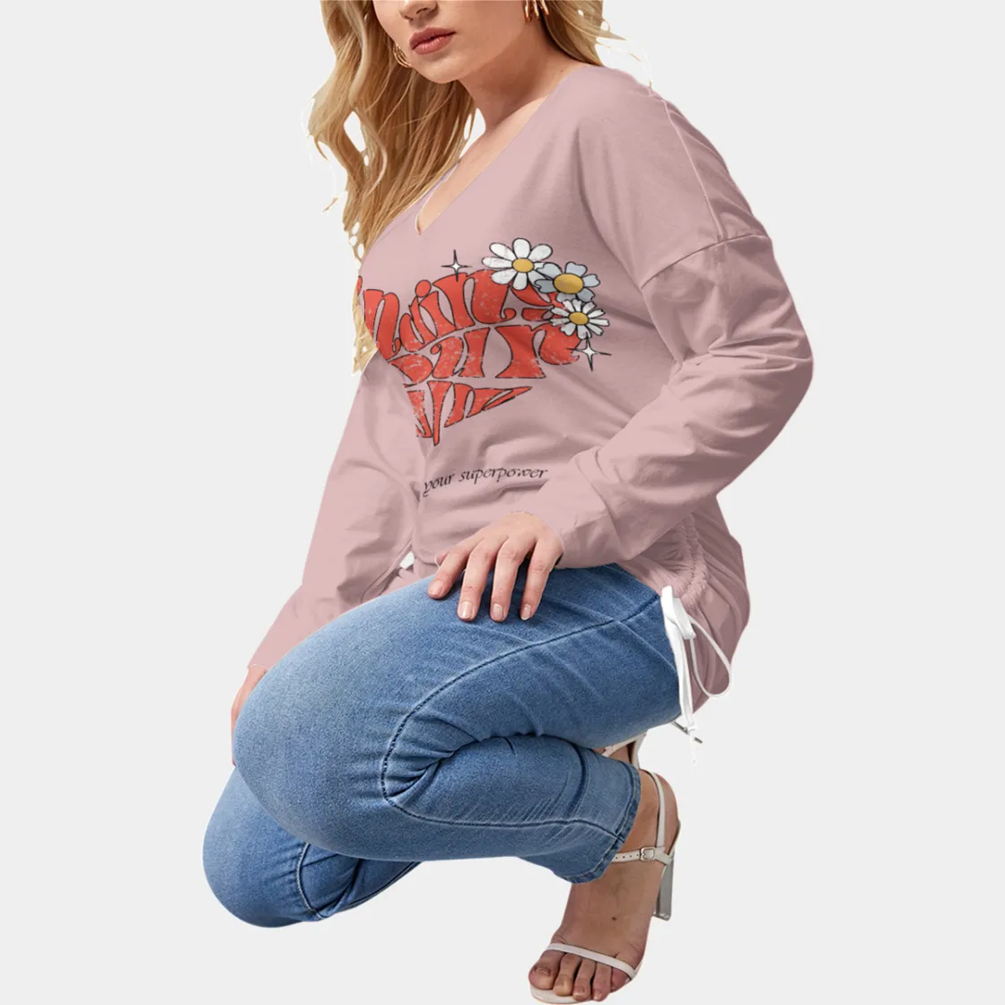 All-Over Print Women’s V-neck T-shirt With Side Drawstring(Plus Size)
