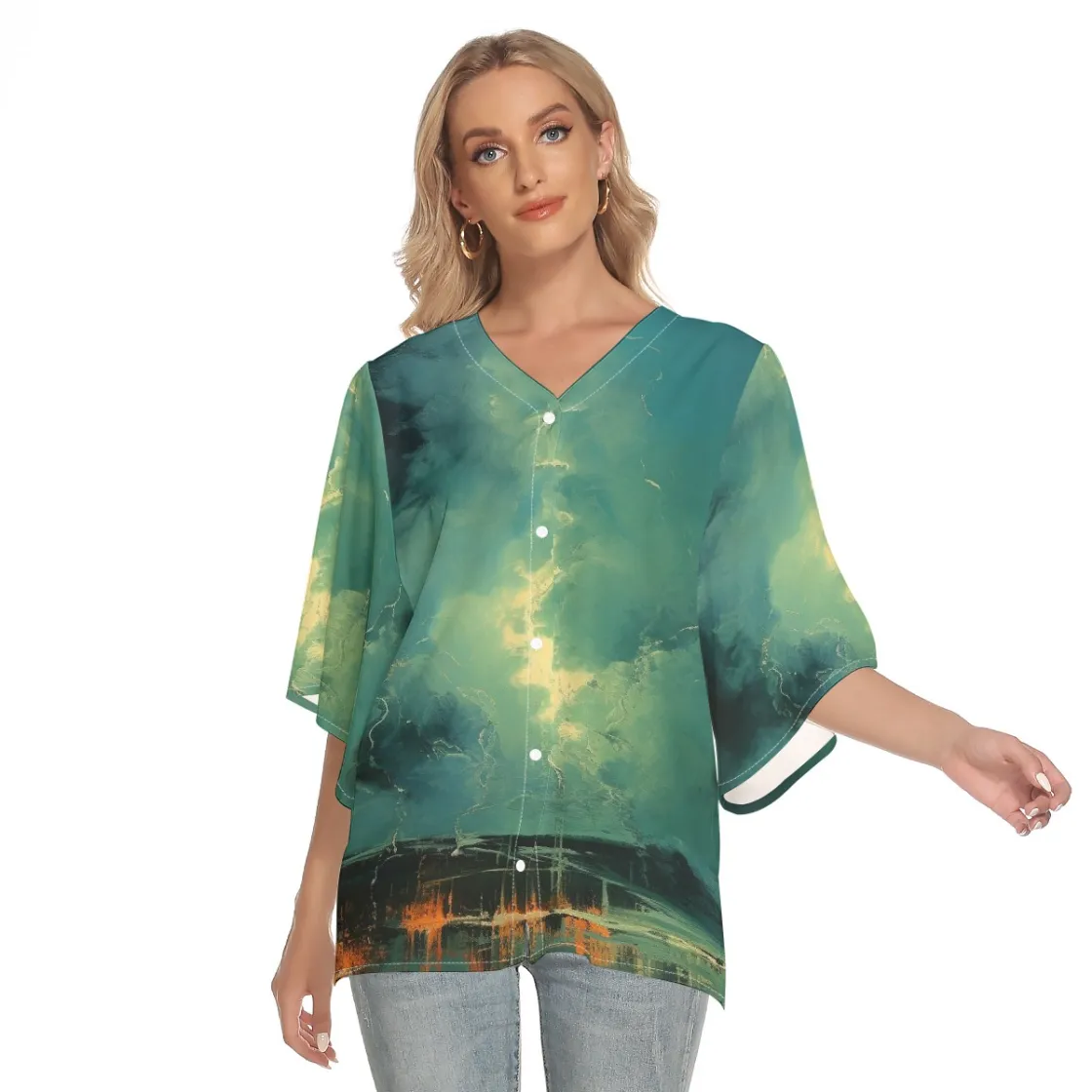 All-Over Print Women's Batwing Shirt With Button