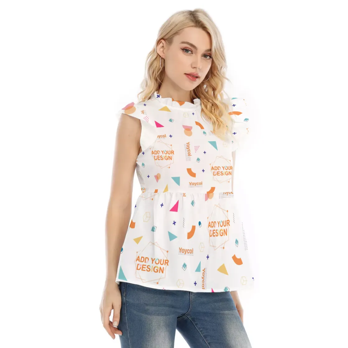 All-Over Print Women's Blouse With Lotus Leaf Lace