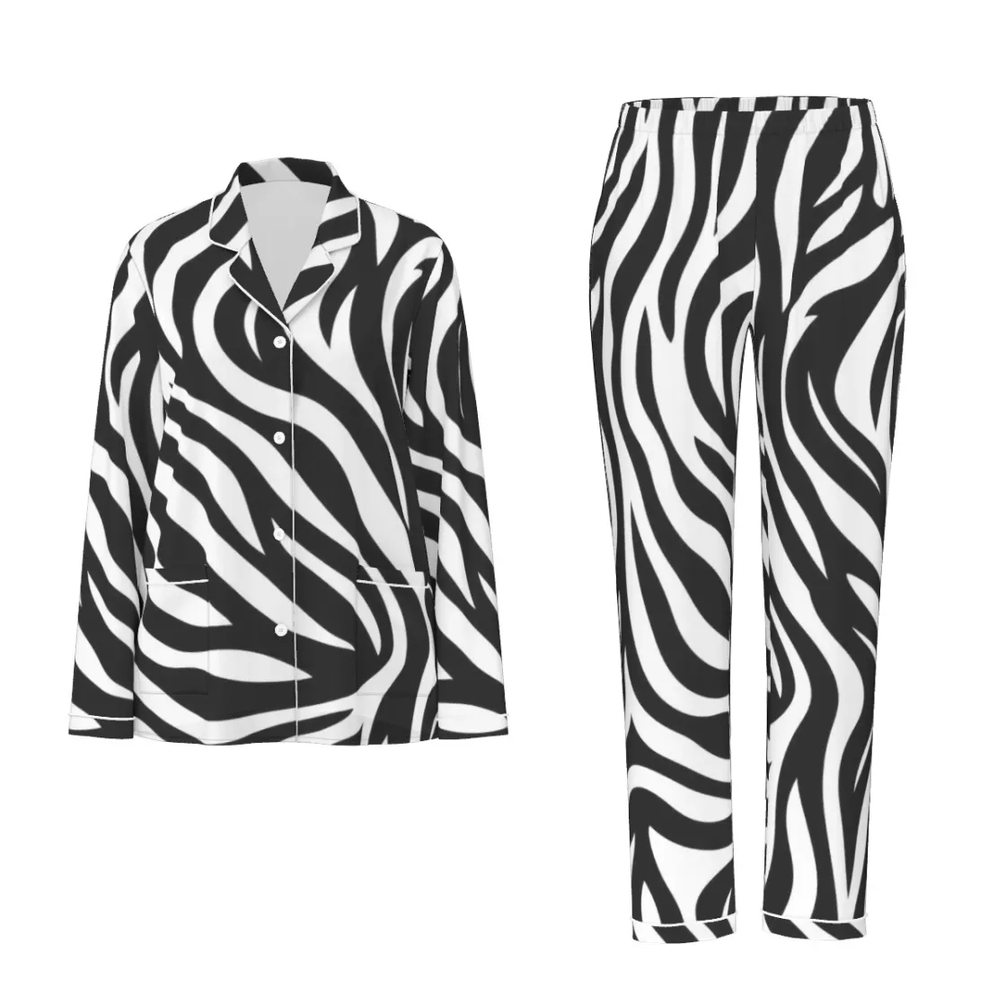 All-Over Print Women's Long Sleeve Pajama Set With White Contrast Piping