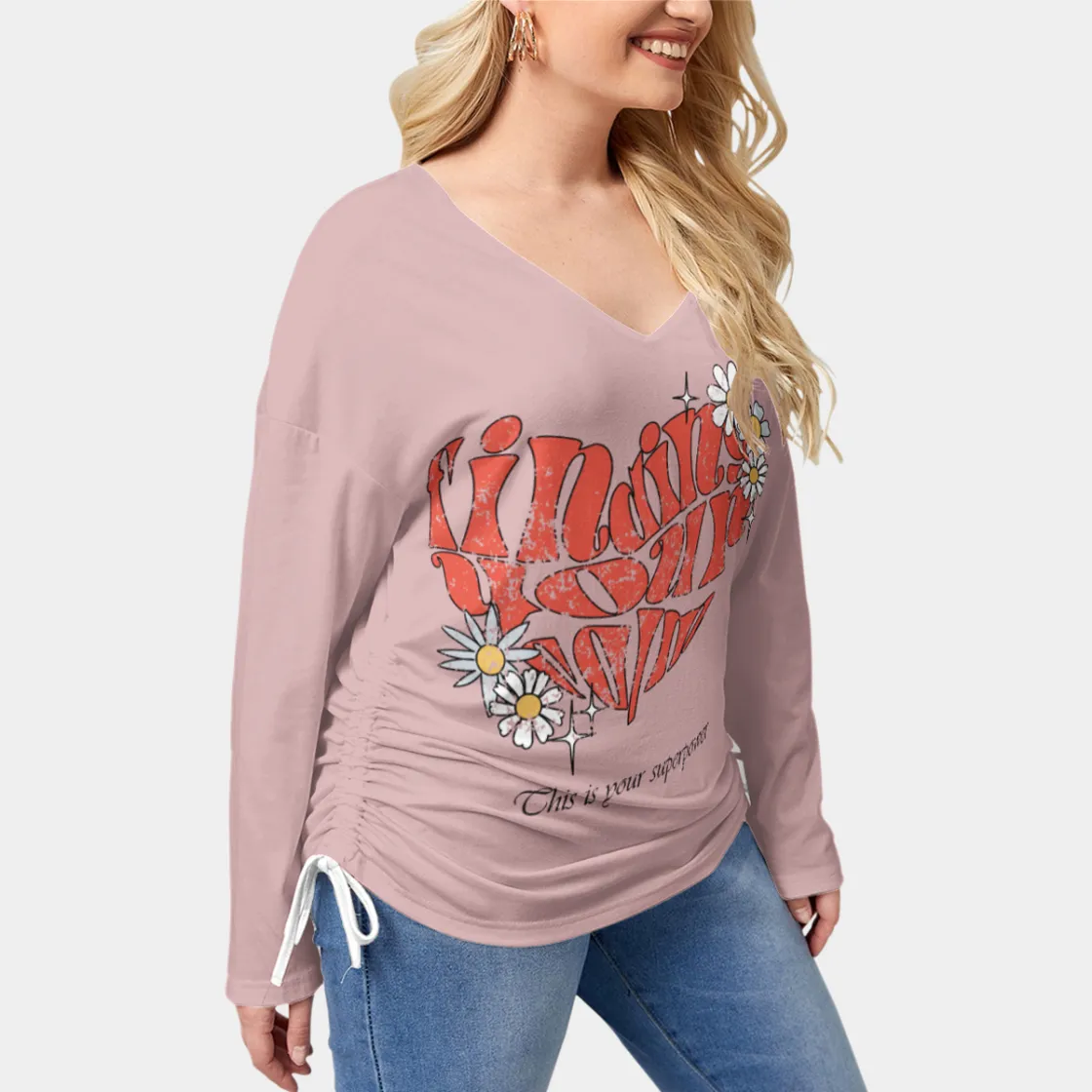 All-Over Print Women’s V-neck T-shirt With Side Drawstring(Plus Size)