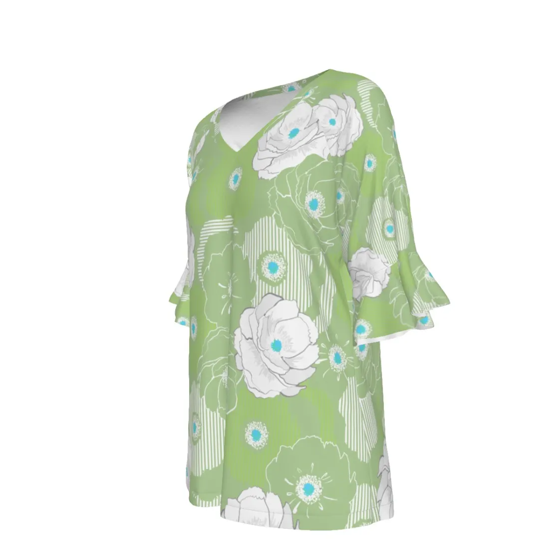 All-Over Print V-neck Women's T-shirt With Bell Sleeve