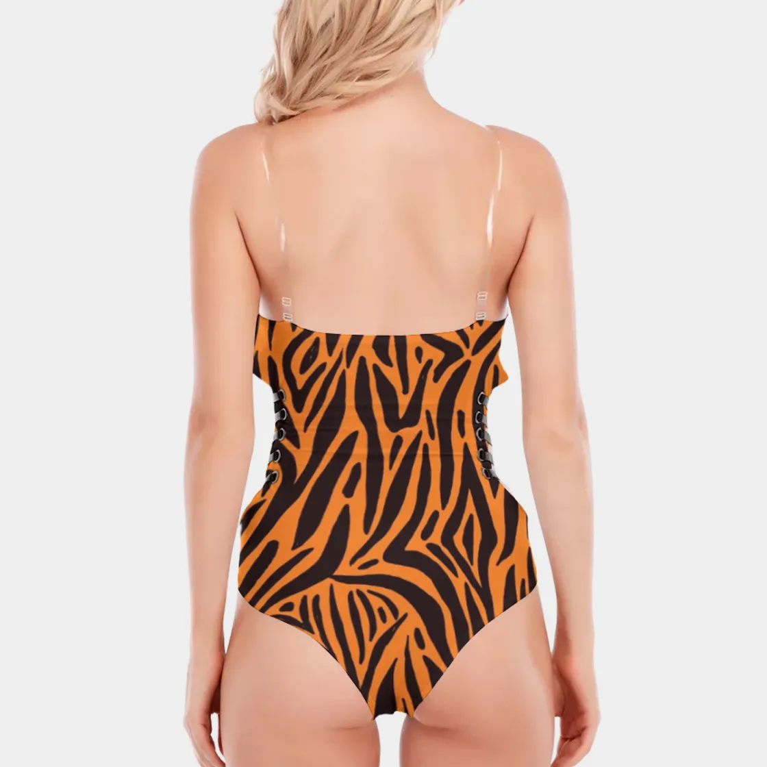All-Over Print Women's Tube Top Bodysuit With Side Black Straps