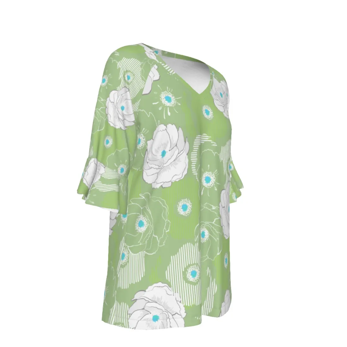 All-Over Print V-neck Women's T-shirt With Bell Sleeve