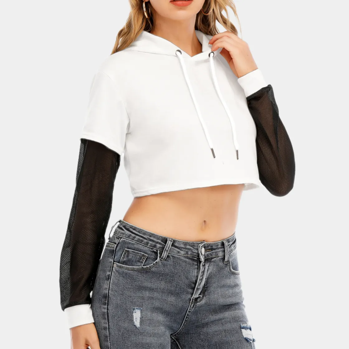 All-Over Print Women's Fake Two-piece Mesh Sleeve Cropped Hoodie