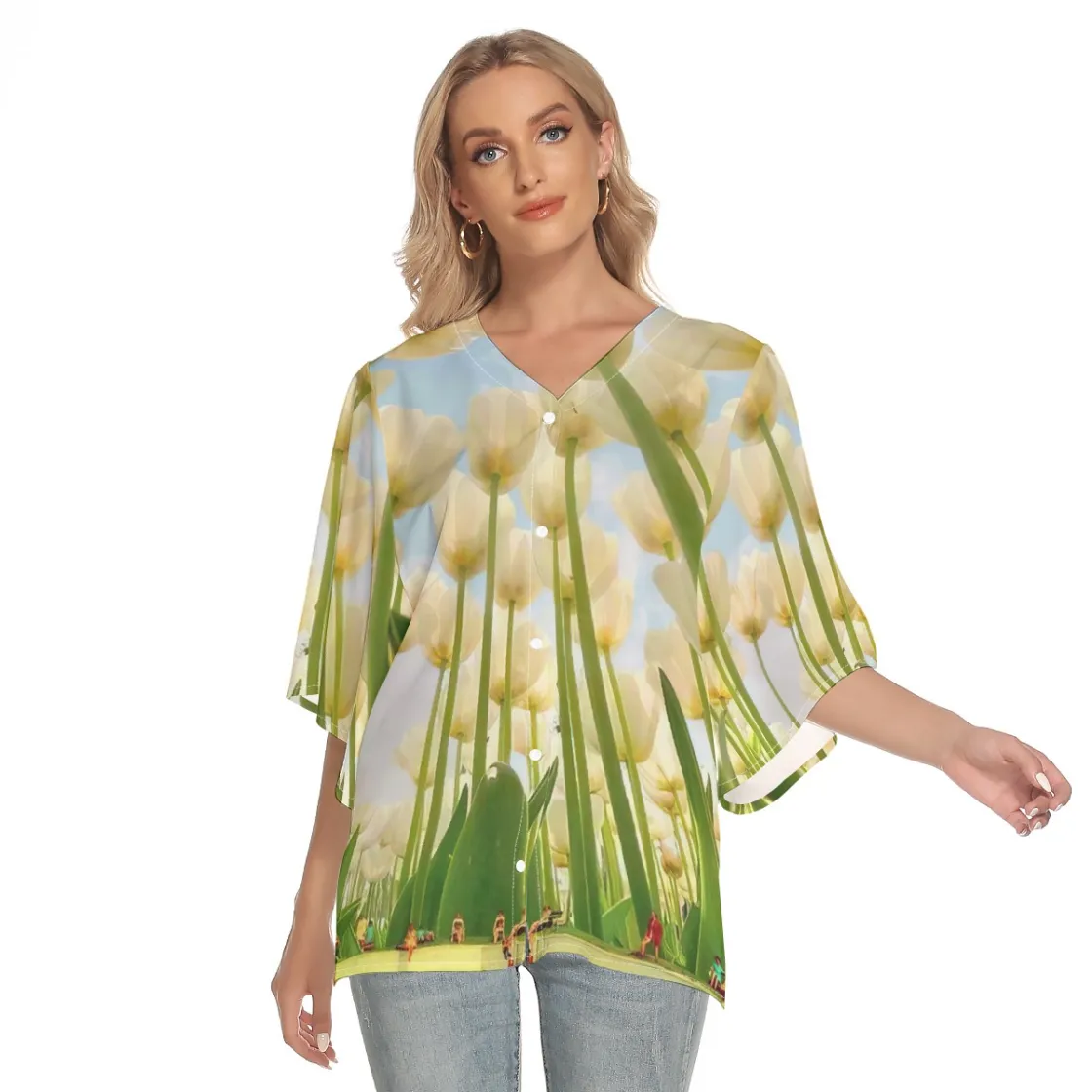 All-Over Print Women's Batwing Shirt With Button