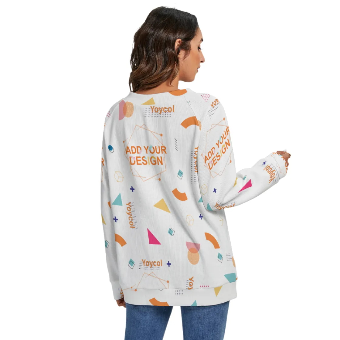 All-Over Print Women's V-neck Imitation Knitted Sweater With Long Sleeve