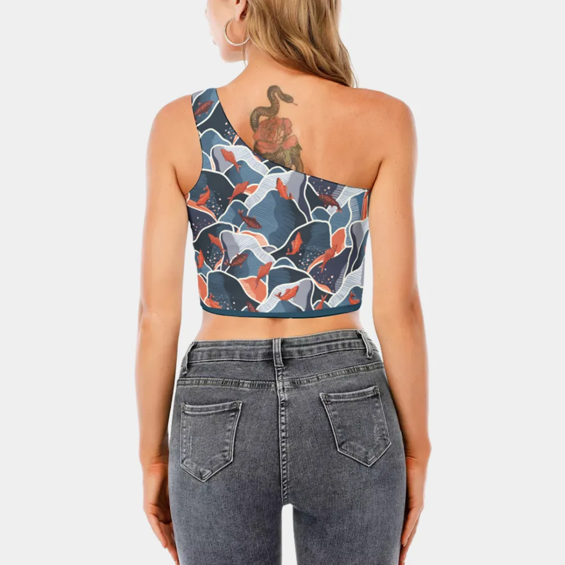 All-Over Print Women's One-Shoulder Cropped Top